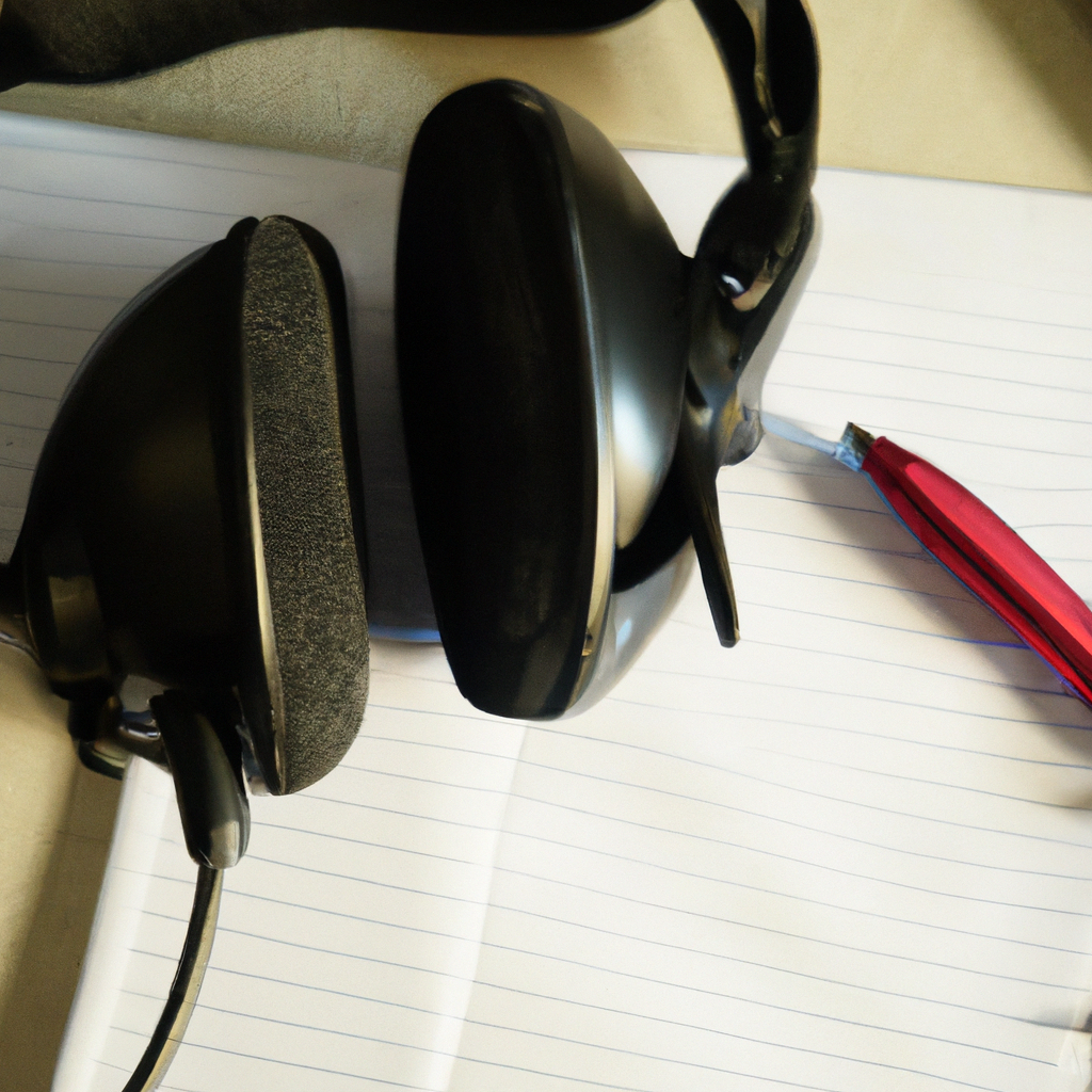 Tutor giving feedback with a headset, notebook, and waveform visualization on a minimalist desk