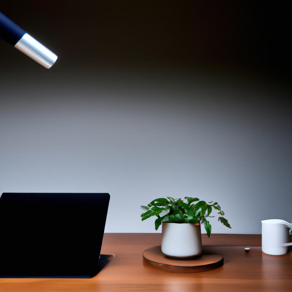 Modern minimalist office desk with laptop, notebook and plant in warm natural light